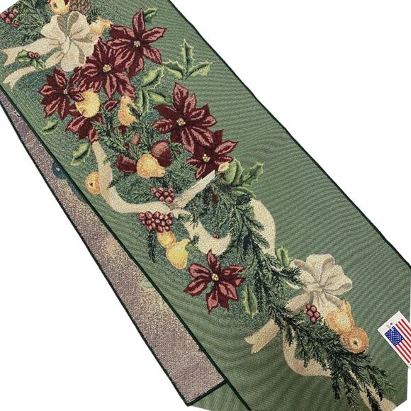 Poinsettia Christmas Table Runner Woven Tapestry Candles Bow Garland NWT 13x72" - Picture 9 of 10